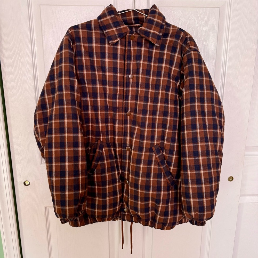 Aritzia Coaches Brown Plaid Quilted Vegan Puffer Jacket Size 1